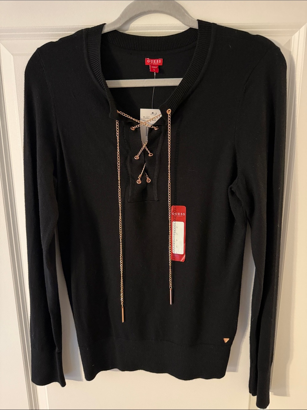 GUESS Black Knit Sweater with Gold Chain Lacing